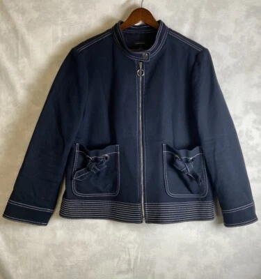 Ann Taylor Moto Jacket Sz 14 Navy Blue Stand Collar Zip Bow Accent Pockets - Image 1 of 4