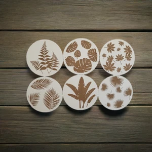 Set of 6 Round Wood Drink Coasters. Stylish. Bumper Feet. Tropical Plants. - Picture 1 of 15