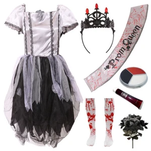CHILDS UNDEAD PROM QUEEN HALLOWEEN COSTUME ZOMBIE GOTHIC GIRLS BRIDE FANCY DRESS - Picture 1 of 13