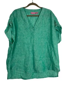 Isaac Mizrahi NY Blouse 100% Linen 1X Light Green V-Neck Hi-Lo Oversized Boho - Picture 1 of 9
