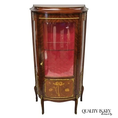 Vintage French Louis XV Style Small Bowed Glass Inlaid Curio Display Cabinet - Image 1 of 4