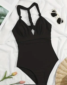 One Piece Knotted Black Bathing Suit Size Large Will Fit Size 8-10 - Picture 1 of 7