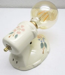 Vintage Art Deco Porcelain Wall Sconce Fixture, ON/OFF Switch, Cream w/ Flowers - Picture 1 of 7