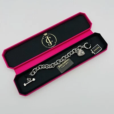 NUEVO CON ETIQUETAS JUICY COUTURE B-JUICY PAVE ICONO CORAZÓN PIRÁMIDE PALANCA ENCANTO PULSERA PLATA Foto 1 de 4