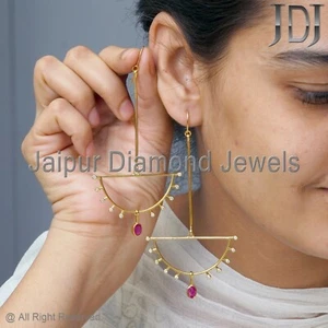 Natural Ruby Gemstone 14k Solid Yellow Gold Jewelry White Diamond Hook Earring - Picture 1 of 14