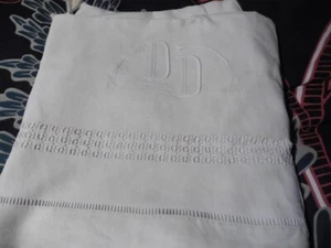 ANCIEN DRAP PUR LIN BLANC "DD"JOURS FRISE DE 5 CM OURLETS MAINS 220X280 CM - Picture 1 of 6
