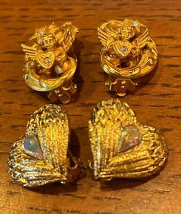 2 Pair of KIRKS FOLLY Angel Wings Heart & Cherubs w Star Rhinestones Earrings - Picture 1 of 10