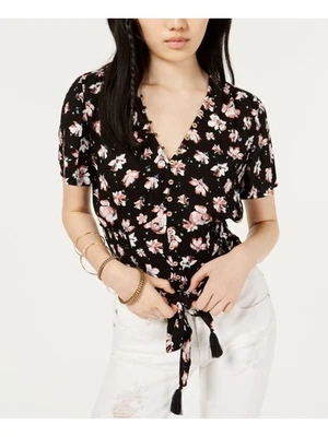 AMERICAN RAG Womens Black Tie Front Floral Short Sleeve V Neck Top S - Image 1 of 4