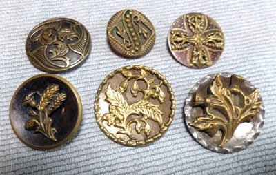 6 Vintage Antique Metal Picture Buttons FLOWER DESIGNS - Image 1 of 4