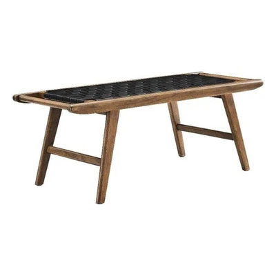 Modway Saoirse 17.5" Woven Leather & Wood Bench in Black and Walnut - Image 1 of 4