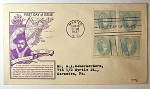 US COVER FDC 1937 SCOTT #796 BLOCK OF FOUR - R. Dyer Cachet COLORED Manteo NC - Picture 1 of 2