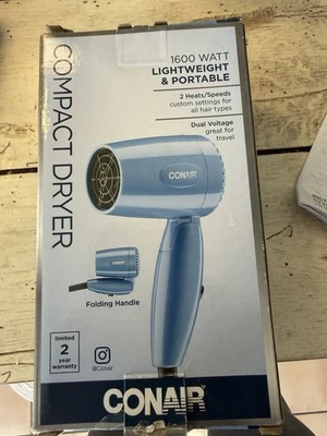 NEW Conair Hair Dryer 1600 W Folding Handle Lightweight Blue MODEL 124N NIB - Image 1 of 4