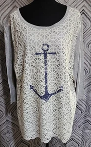 NEW Coral Bay Woman Gray & Cream with Blue Anchor 3/4 Sleeve Top 1X NWT T101 - Picture 1 of 5