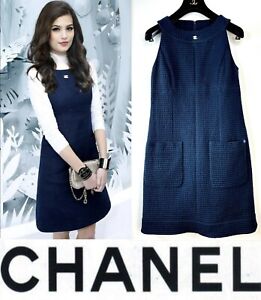 5K Chanel 2017 Blue Tweed Midi Work Party Dress 34 36 38 2 4 6 White Logo S M