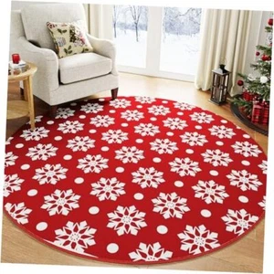 Christmas Area Rug 6x6 Round Rug Circle 6' x 6' (Rectangular) Snow/Red&white - Picture 1 of 7