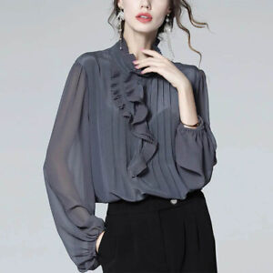 Women's Long Sleeve Shirts Formal Tops Pullover Frilly Ruffle Silk Blouse Casual