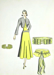 1930'S-40's ORIGINAL WOMEN'S FASHION ILLUSTRATION, FLIRTY OFFICE-DAY ENSEMBLE - Picture 1 of 5