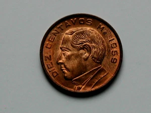 Mexico 1959 10 CENTAVOS Bronze Coin AU+ with Toned-Lustre & Eagle Coat of Arms - Picture 1 of 2