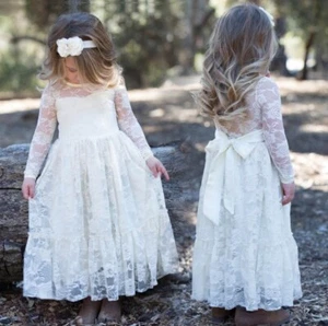 White Ivory Navy Lace Long Flower Girl Dress Birthday Wedding Communion Ship USA - Picture 1 of 13