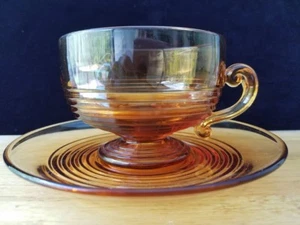 Vintage Cambridge Tally Ho Bernstein Glas Tasse & Untertasse geringelt - Bild 1 von 8