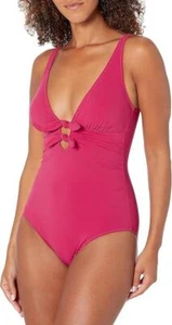 $148 - Profile by Gottex Dandy Bow Tie V-Neck One Piece in Cherry Size 8 - Picture 1 of 4