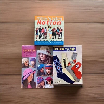 Stitch & Bitch Nation Book Plus 2 Vintage Knit Leaflets Hats & Sock Patterns - Image 1 of 4