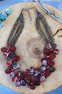 Nakamol~Chunky Jasper FLOWERS, Smoky Quartz Necklace 17-20" - Picture 1 of 7