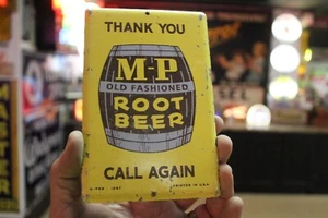 RARE 1950s CALL AGAIN M-P ROOT BEER STAMPED PAINTED METAL DOOR SIGN SODA POP 7UP - Picture 1 of 15