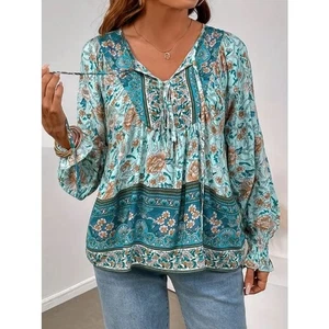 Cottagecore Floral Long Sleeve Lace-Up Blouse Size XL Boho Fall Indie Style - Picture 1 of 14