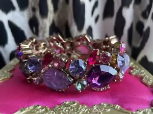 Betsey Johnson Fall Follies Purple Crystal Pink Leaf Flower Bud Stretch Bracelet - Picture 1 of 6