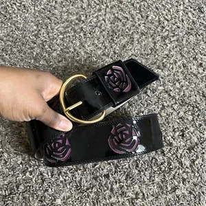Betsy Johnson Belt Black Patent Pink Flower Cut Out Chunky Wide Waist Belt VTG M - Picture 1 of 9