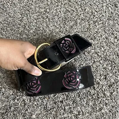 Betsy Johnson Belt Black Patent Pink Flower Cut Out Chunky Wide Waist Belt VTG M - Image 1 of 4