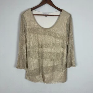 Roz & Ali Blouse Top Womens Large Gold Metallic Tiered Scoop Neck 3/4 Sleeve L - Picture 1 of 11
