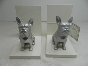Silver Tone Bull Dog Book Ends White Wood 5.5"H X 3.5"W X 5"D NWT w/paint chips - Picture 1 of 9