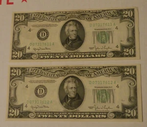 BV ~~ 2 1934 D $20 FEDERAL RESERVE NOTES w CONSECUTIVE SERIAL NUMBERS, VERY NICE - Picture 1 of 6