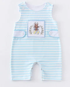Baby Junge Osterhase Jon Jon Shortall Strampler, bestickt blau & weiß gestreift - Bild 1 von 9