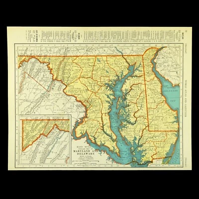 Антикварная карта Мэриленда настенное искусство Делавэр 1940-е старая оригинальная Аннаполис Балтимор - Изображение 1 из 4