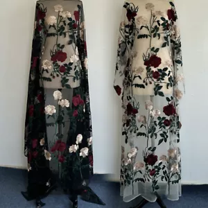 Retro Floral Embroidery Rose Flower Sheer Mesh Lace Fabric DIY Party Dress 1m - Picture 1 of 13