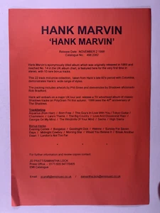 The Shadows Hank Marvin Press Release Original Self Titled Re-Release 1998 - Picture 1 of 12
