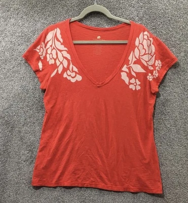 Banana Republic Top XL Orange Pima Cotton Floral V Neck Basic Cap Sleeve Tee - Image 1 of 2