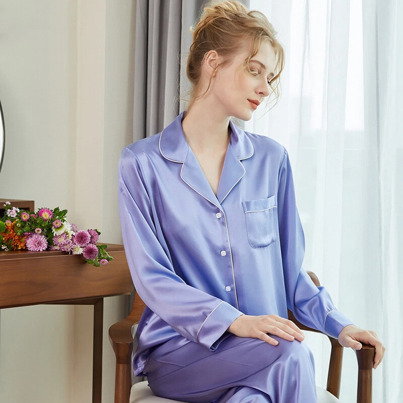 SIHA Women's Satin Pajama Set - Long Sleeve Button-Down Top & Pants, Dark Purple Sleepwear, Luxury Pajamas - View #8