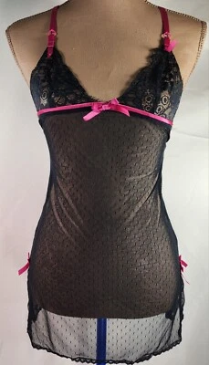 Victoria's Secret Black Pink Lace Baby Doll Shorty XS P Petite SHEER & SEXY - Image 1 of 4