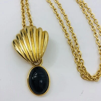 Collar de cadena colgante con concha de ónix escarabajo tallado desmontable tono dorado largo 30" Foto 1 de 4