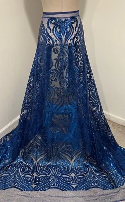 ROYAL BLUE Embroidery Sequins Lace Fabric 50” Width Sold By The Yard - Image 1 of 4