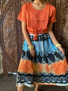 Boho Hippy Gypsy Midi Skirt,Straight MULTI COLOR Tunic Red Top, 2p SM 