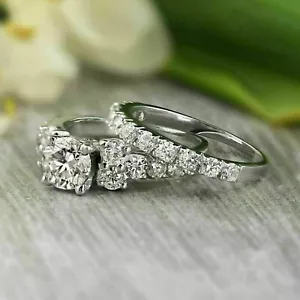 3 Ct Round Cut Moissanite Wedding Engagement Bridal Ring Set White Gold Plated - Picture 1 of 6