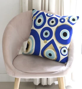 Evil Eye Greek Turkish Gold Beige Black Linen Cotton Cushion Cover Pillowcase - Picture 1 of 2