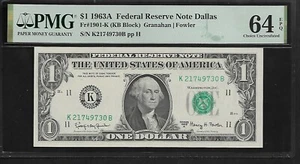 US 1 Dollar 1963A PMG 64 EPQ UNC Fr #1901-K FRN Dallas Granahan/Fowler - Picture 1 of 4
