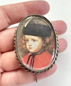 Antique Mourning Victorian Miniature Child Portrait Sterling Silver Brooch 2.2" - Picture 1 of 7