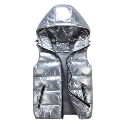 Adults/Kids Quilted Hooded Waistcoat Metallic Shiny Gilet Bubble Jacket Coat Top - Image 1 of 4
